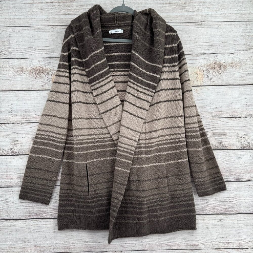 Vince Sweater Womens Medium Brown Gray Striped Wool Yak Blend Hooded Cardigan